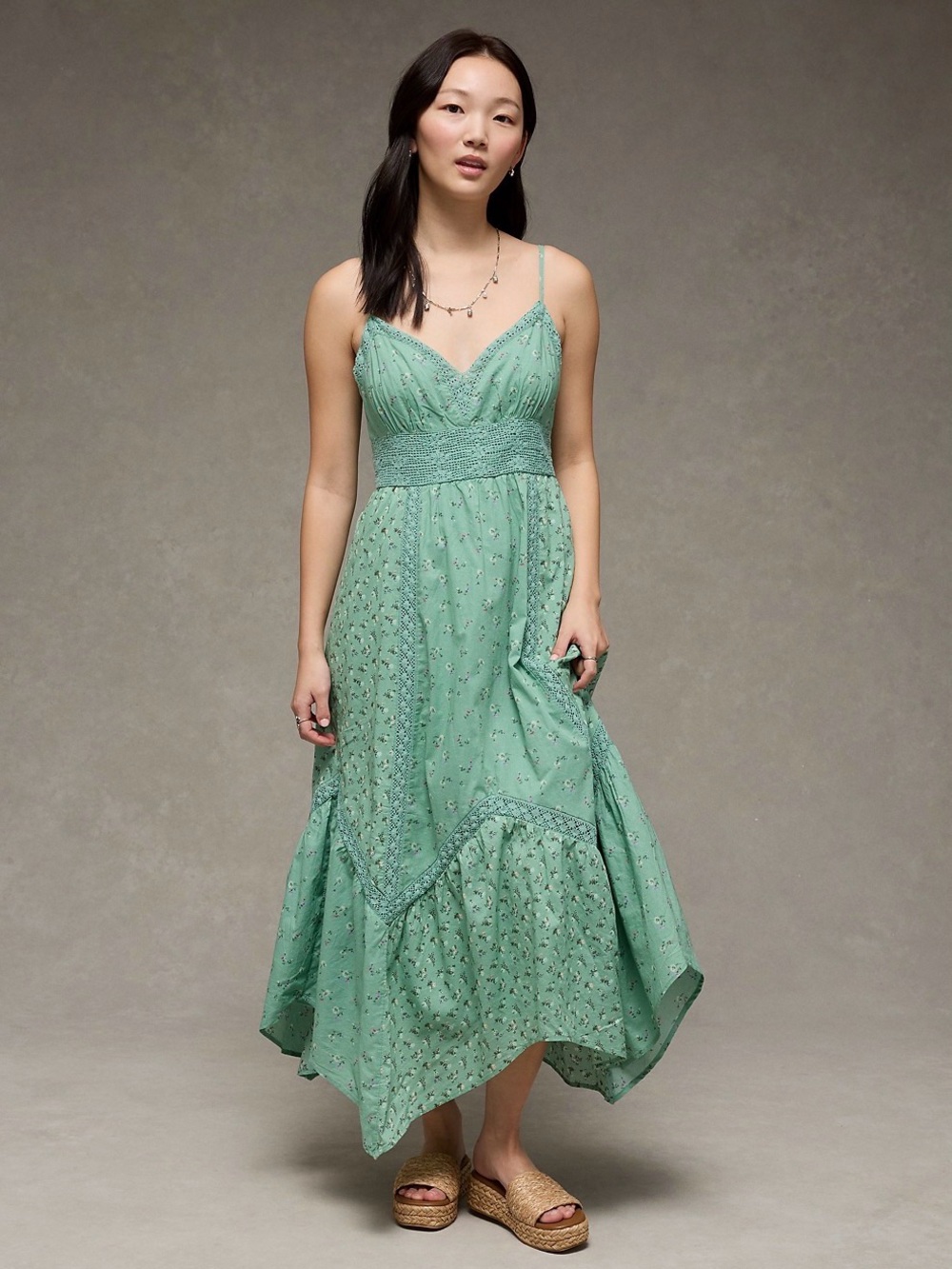 American Eagle V-Neck Lace Inset Hanky Hem Midi Maxi Dress 100% cotton